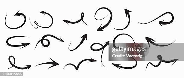 hand-drawn curved arrow elements set - mouse pointer doodle stock illustrations