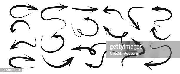 hand-drawn curved arrow elements set - mouse pointer doodle stock illustrations