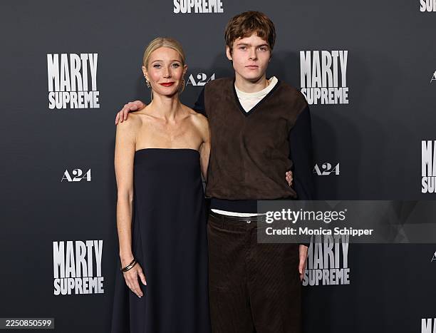 Gwyneth Paltrow and Moses Martin attend the Los Angeles premiere of A24's "Marty Supreme" at Samuel Goldwyn Theater on December 08, 2025 in Beverly...
