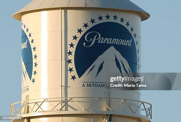 The Paramount logo is displayed on the water tower at Paramount Studios on December 8, 2025 in Los Angeles, California. Entertainment giant...