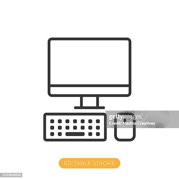 desktop computer setup icon. editable stroke thin line icon - iphone camera icon stock illustrations