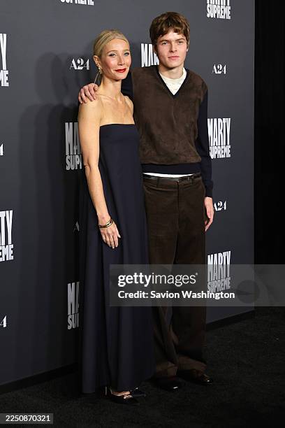 Gwyneth Paltrow and Moses Martin attend the Los Angeles premiere of A24's "Marty Supreme" at Samuel Goldwyn Theater on December 08, 2025 in Beverly...