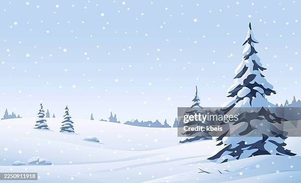 idyllische winterlandschaft mit tannen und schneefall - schneebedeckt stock-grafiken, -clipart, -cartoons und -symbole