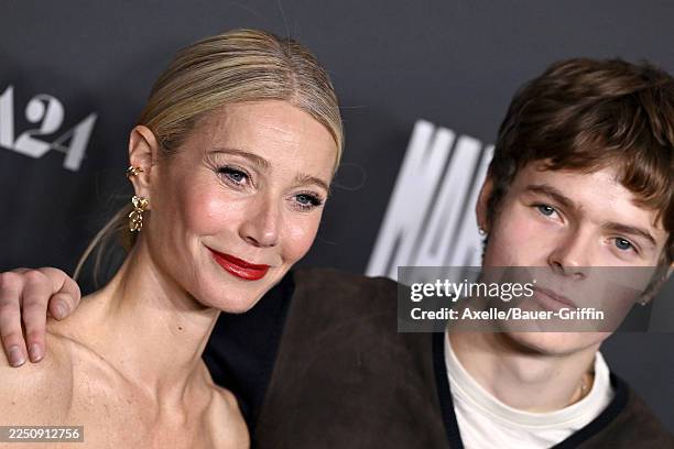 Gwyneth Paltrow and Moses Martin attend the Los Angeles Premiere of A24's "Marty Supreme" at Samuel Goldwyn Theater on December 08, 2025 in Beverly...