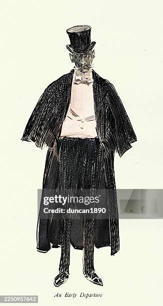 sinister, well dressed man in cape cloak and top hat, sketches from victorian london, charles dana gibson, 1890s 19th century art - inverness scotland stock illustrations