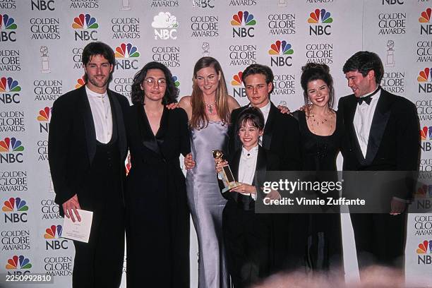 Cast and crew members of the American family drama 'Party of Five', American actor Matthew Fox, American television writer Amy Lippman, Canadian...