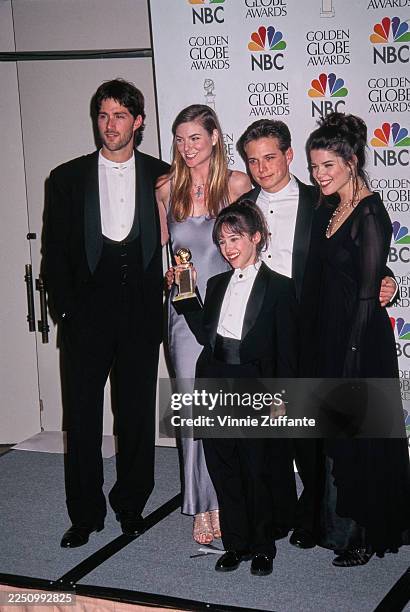 Cast members of the American family drama 'Party of Five', American actor Matthew Fox, Canadian actress Paula Devicq, American actor Scott Wolf,...