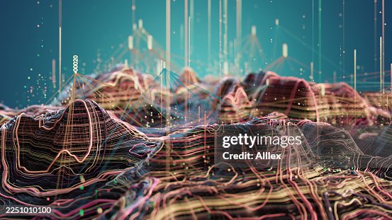 Dynamic Data Visualization Landscape With Colorful Waveforms And Network Peaks For Analytics And Tech Imagery Dynamic Data Visualization Landscape With Colorful Waveforms And Network Peaks For Analytics And Tech Imagery