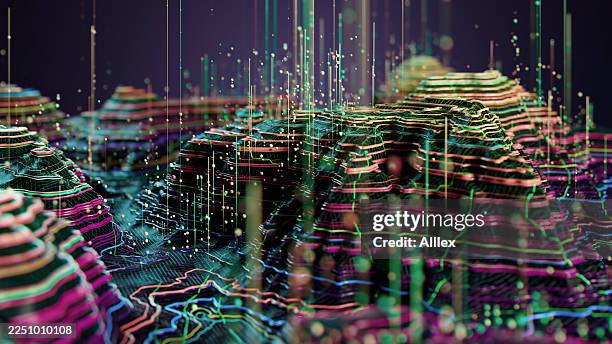 digital terrain data visualization with green lines, dots, and layered contour maps for analysis overview - 3d scanning stock pictures, royalty-free photos & images