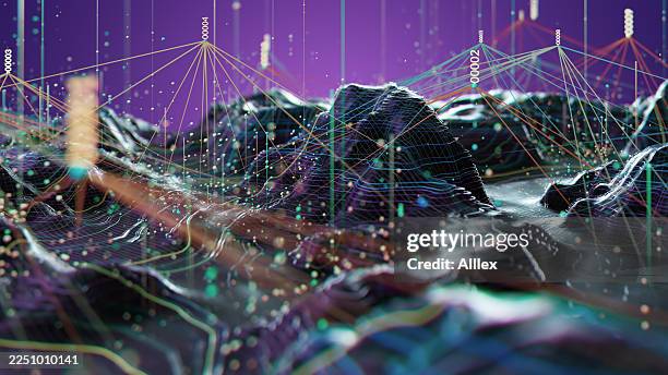 dynamic data visualization landscape with colorful waveforms and network peaks for analytics and tech imagery - data mining stock pictures, royalty-free photos & images