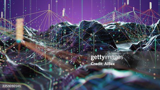 Dynamic Data Visualization Landscape With Colorful Waveforms And Network Peaks For Analytics And Tech Imagery Dynamic Data Visualization Landscape With Colorful Waveforms And Network Peaks For Analytics And Tech Imagery