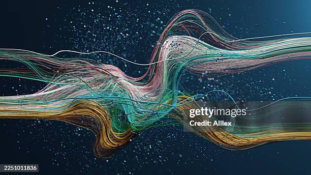 vibrant abstract data streams: colorful waveforms flow across a deep blue background - intertwined stock pictures, royalty-free photos & images