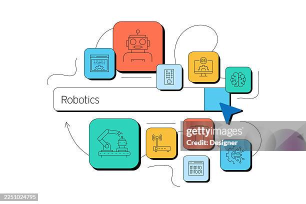 robotics related vector illustration. machine learning, artificial intelligence, automated, robot, futuristic, computer. - android mockup stock illustrations