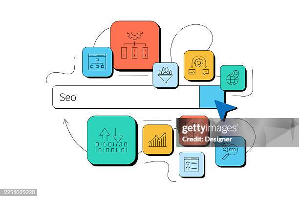 seo related vector illustration. internet, web page, mobile app, technology, marketing, search engine. - content development stock illustrations