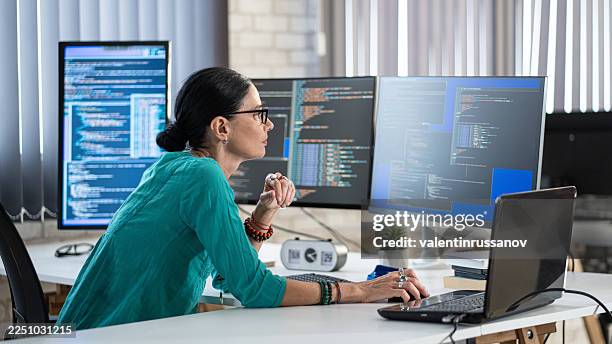 female freelance developer coding and programming. coding on two with screens with code language and application. - python code stock pictures, royalty-free photos & images