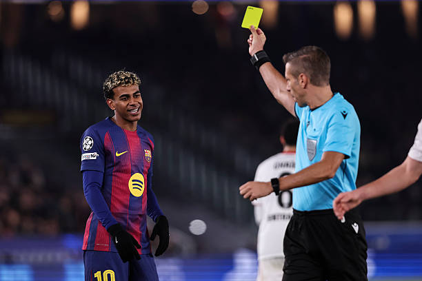 Lamine Yamal of FC Barcelona see the yellow card during the UEFA Champions League 2025/26 League Phase MD6, football match played between FC...
