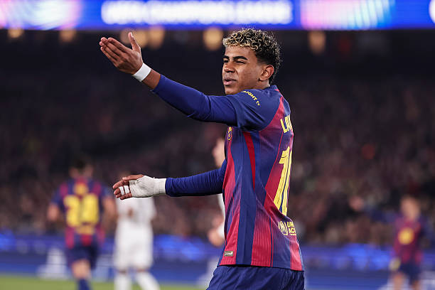 Lamine Yamal of FC Barcelona gestures during the UEFA Champions League 2025/26 League Phase MD6, football match played between FC Barcelona and...