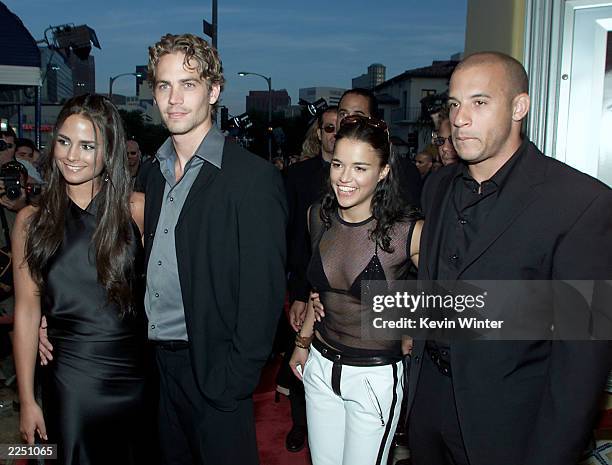 Cast members Jordana Brewster, Paul Walker, Michelle Rodriguez and Vin Diesel before the premiere of their film 'The Fast and the Furious' at Mann...