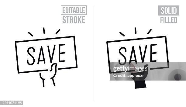 hand holding up a save sign - editable stroke and solid icons - saving up for a rainy day stock illustrations
