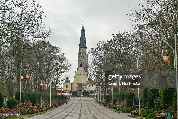 View of Aleja Najswietszej Maryi Panny with the Jasna Gora Monastery in the background, in Czestochowa, Silesian Voivodeship, Poland, on December 12,...