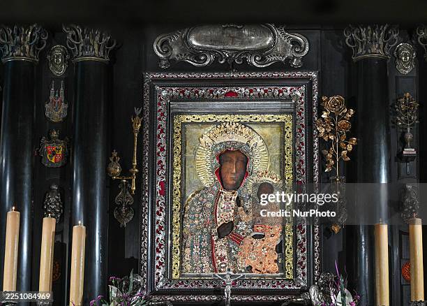 Close-up of the revered image of the Black Madonna inside the Chapel of Our Lady of Czestochowa at Jasna Gora Monastery, in Czestochowa, Silesian...