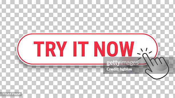 try it now - 3d click web button with hand cursor on blank background - pressing button stock illustrations