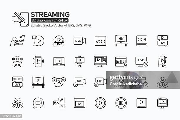 streaming line icon set · 32 icons - streaming media stock illustrations