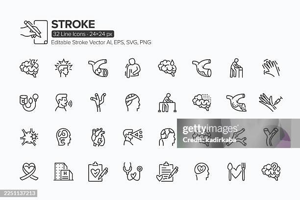 stroke line icon set · 32 icons - ischemic stroke stock illustrations