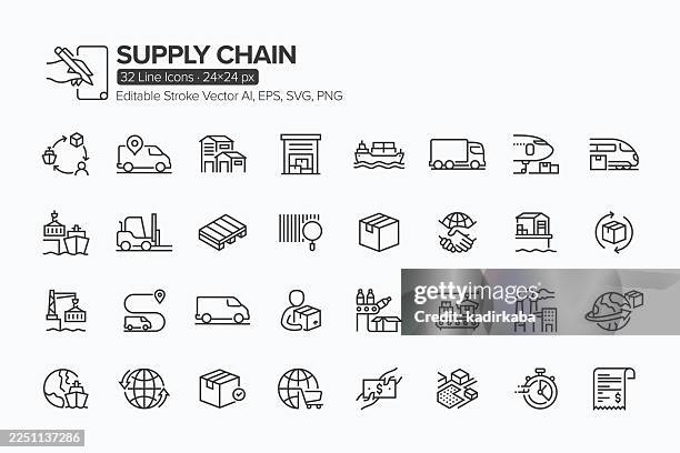 supply chain line icon set · 32 icons - express delivery stock illustrations