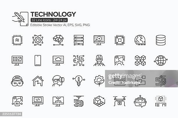 technology line icon set · 32 icons - hologram stock illustrations
