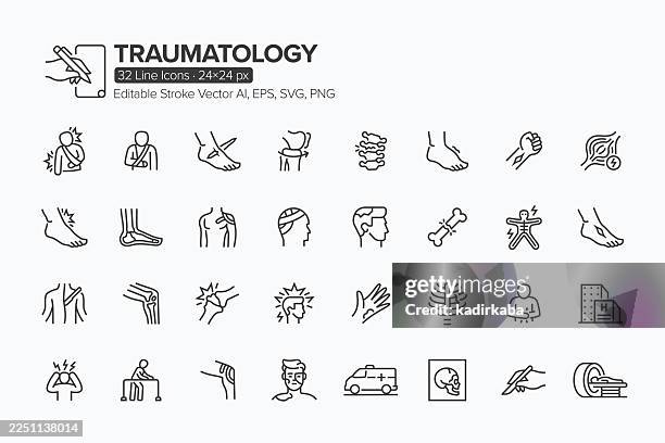 traumatology line icon set · 32 icons - bruise stock illustrations