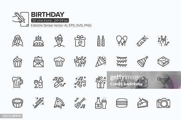 birthday line icon set · 32 icons - party popper illustration stock illustrations
