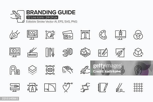 branding guide line icon set · 32 icons - artist stock illustrations