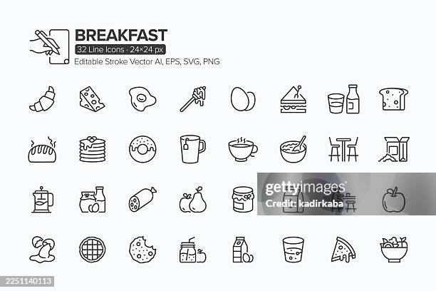 breakfast line icon set · 32 icons - hotel breakfast buffet stock illustrations