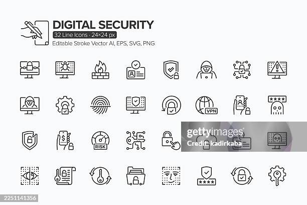 digital security line icon set · 32 icons - cloud security stock illustrations