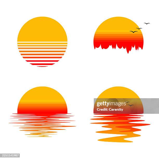 sunset icons set with sun reflection - horizon icon stock illustrations