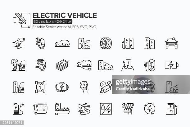 electric vehicle line icon set · 32 icons - hybrid car stock illustrations