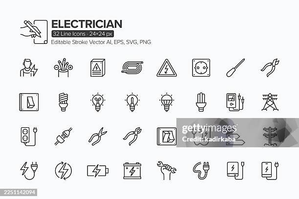 electrician line icon set · 32 icons - panel builder stock illustrations
