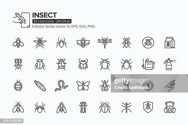 insect line icon set · 32 icons - ladybug stock illustrations