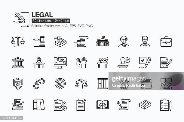ilustraciones, imágenes clip art, dibujos animados e iconos de stock de conjunto de iconos de línea legal · 32 iconos - firmar