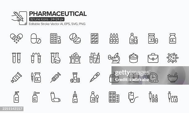 ilustrações de stock, clip art, desenhos animados e ícones de pharmaceutical line icon set · 32 icons - indústria farmacêutica