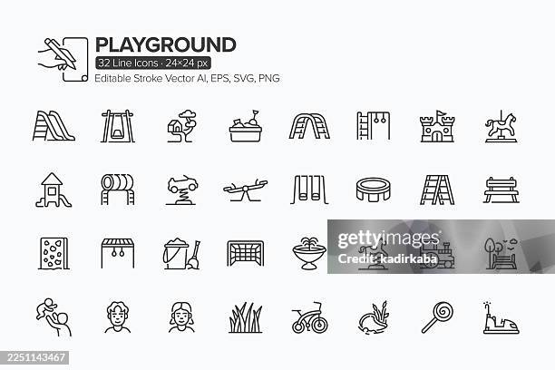 playground line icon set · 32 icons - kids play house stock illustrations