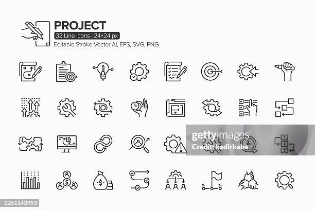 ilustraciones, imágenes clip art, dibujos animados e iconos de stock de set de iconos de línea de proyecto · 32 iconos - instalar