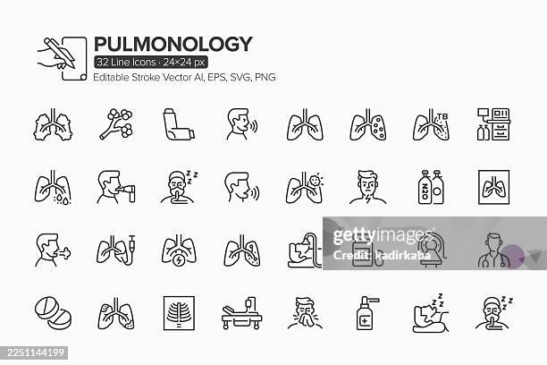 pulmonology line icon set · 32 icons - sleep apnea stock illustrations