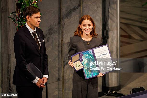 Jorgen Watne Frydnes and Ana Corina Sosa Machado, daughter of Venezuelan opposition leader Maria Corina Machado, attend the Nobel Peace Prize...
