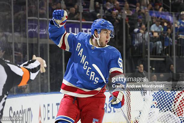 Will Cuylle of the New York Rangers celebrates after scoring a goal during the second period of a NHL game against the Montréal Canadiens at Madison...
