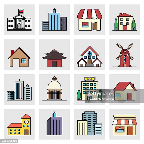 various building icons - skyscraper roof stock illustrations