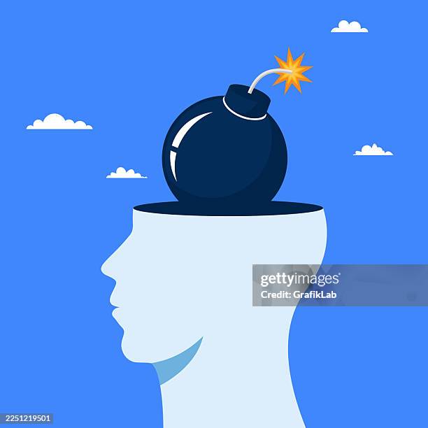 human head profile with bomb reflecting mental stress and anger explosion - mind blowing illustration stock illustrations