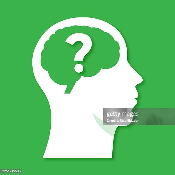 human head profile with white question mark inside green brain symbolizing uncertainty and complex thought process - curious face stock illustrations