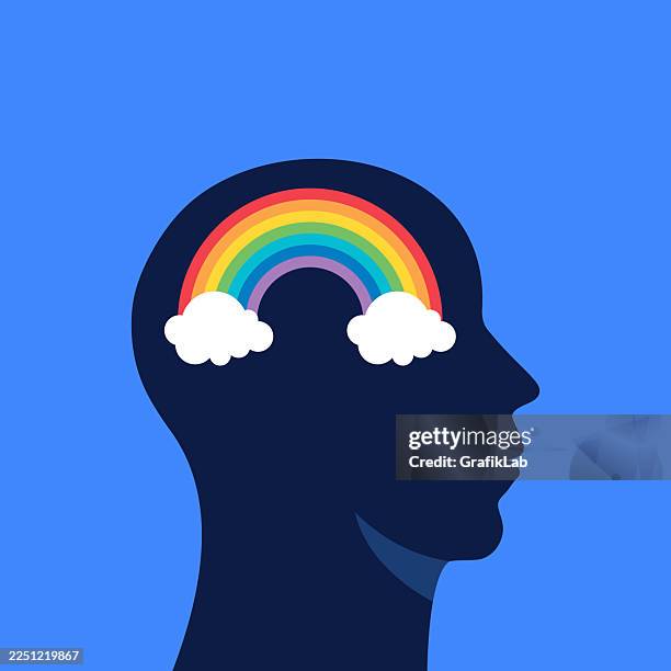 human head silhouette with rainbow and clouds expressing happiness - rainbow reflection stock illustrations